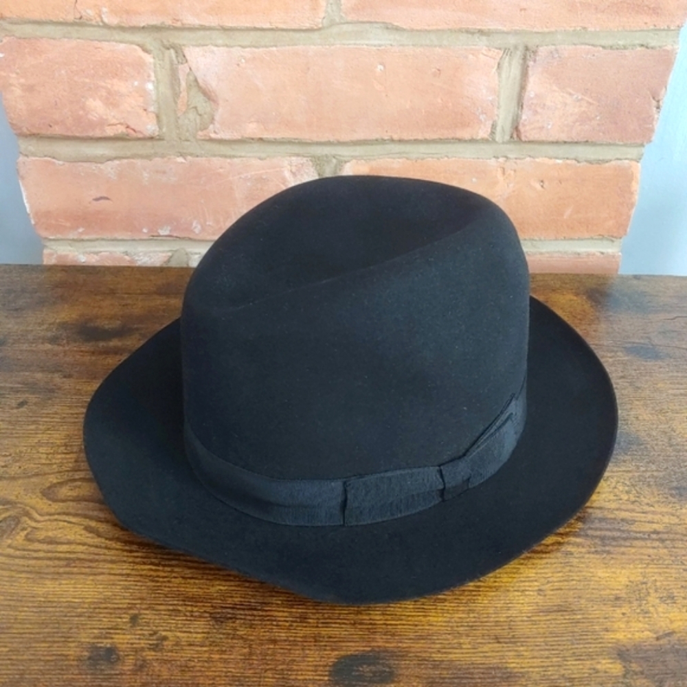 Vintage 1963 Borsalino Black Fur Felt Hat, French Size 5 (Fits Like A 6 7/8 US)